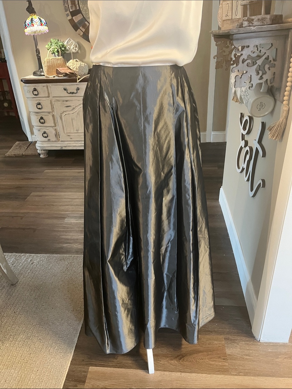 Womens Charcoal Satin Maxi Skirt - Elegant Full-Length Flair
